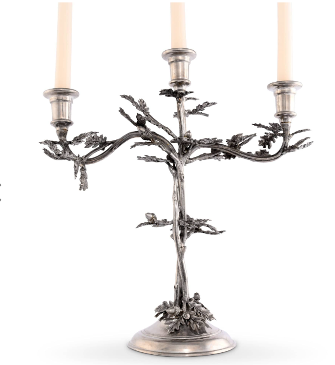 Vegabond House Three Taper Pewter Oak Leaf Candelabrum