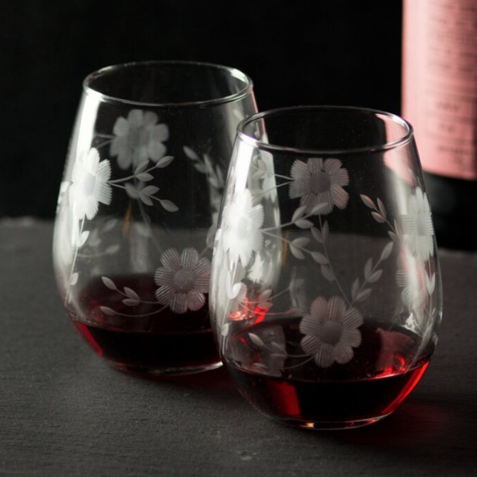 Love & Victory Hand Engraved Stemless Floral Wine Glasses (Set of 2)