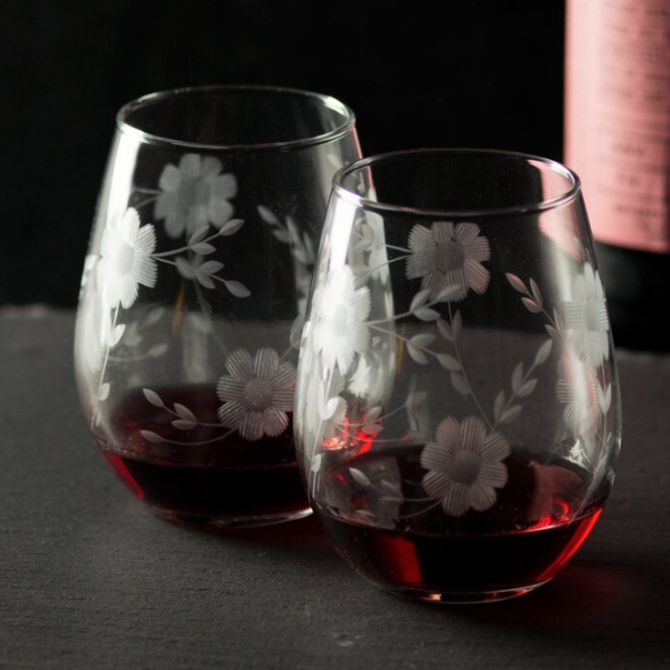 Floral Monogrammed Stemless Wine Glass