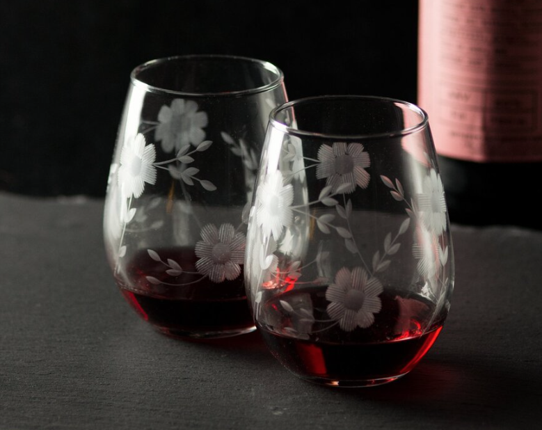 Love & Victory Hand Engraved Stemless Floral Wine Glasses (Set of 2)