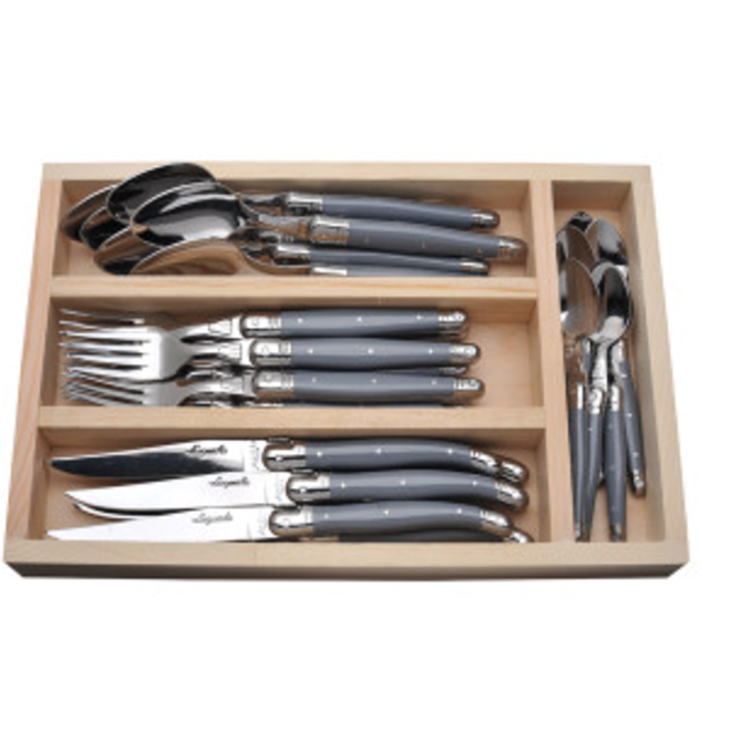 The French Farm - Jean Debost 24 pc flatware set linen stained grey wood tray