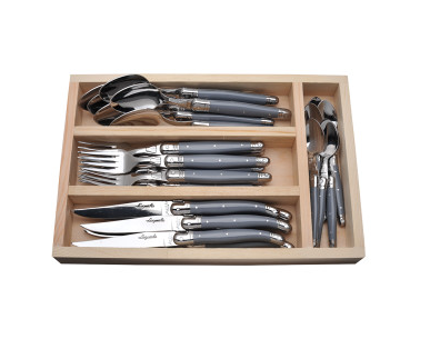 The French Farm 24 pc flatware set linen stained grey wood tray