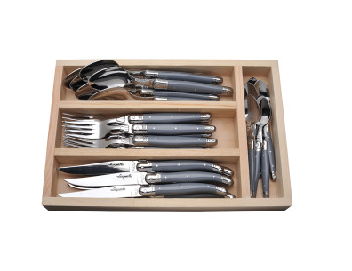 The French Farm - Jean Debost 24 pc flatware set linen stained grey wood tray