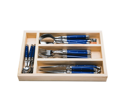 The French Farm 24 pc flatware set blue laguiole wooden tray