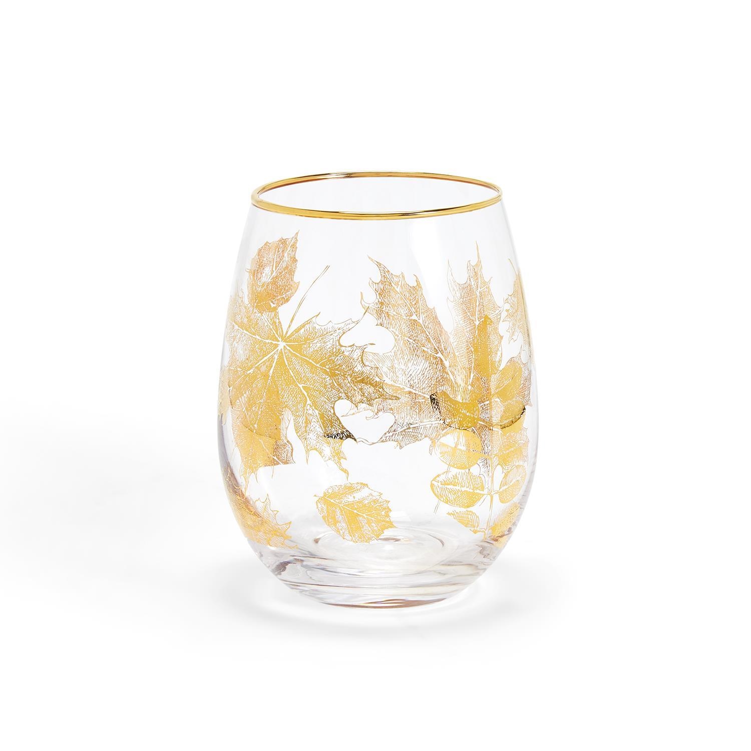 Two's Company Golden Leaves Stemless Wine Glass