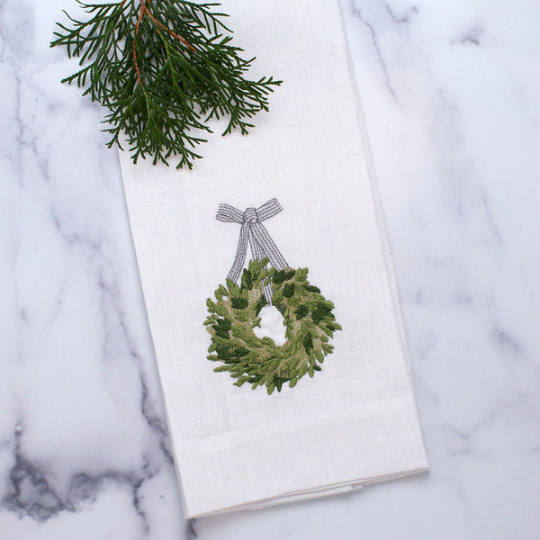 Arte Italica Boxwood Wreath Linen Towel- White (Green Multi)