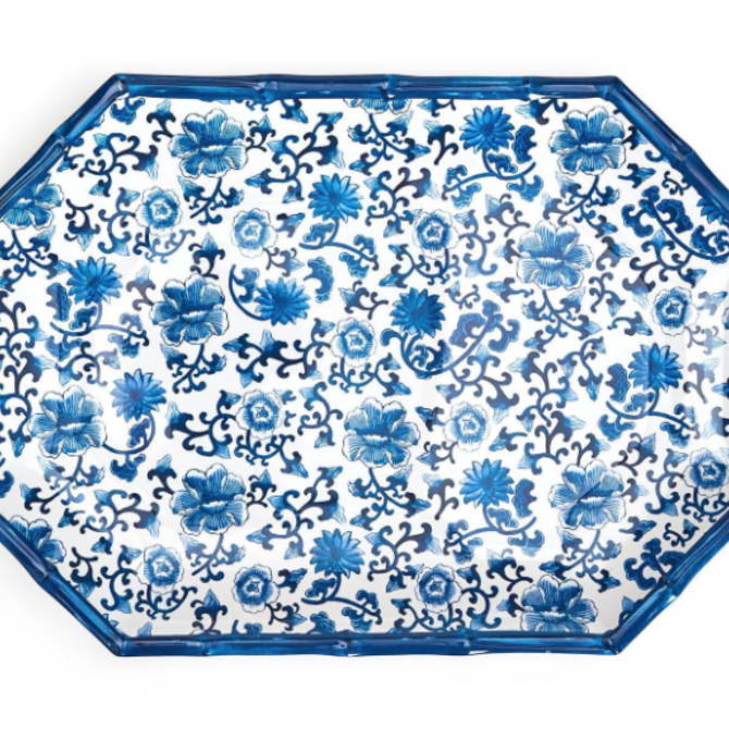 Two's Company Blue Bamboo Touch Blue Floral Pattern Octagonal Server
