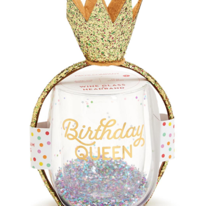 Two's Company Birthday Queen Stemless Wine Glass and Glitter Crown