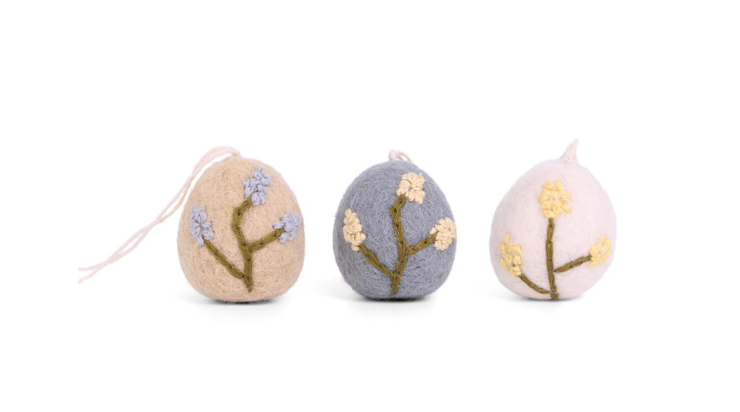 Gry & Sif Felt Eggs with Embroidery, Heather, Set of 3