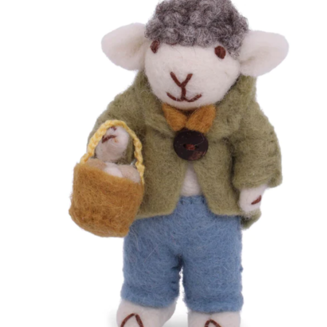 Gry & Sif Felt Small Grey Sheep w/Green Jacket & Egg Basket