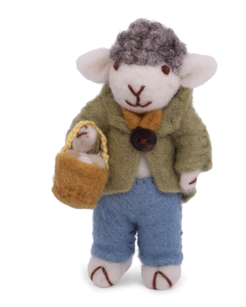 Gry & Sif Felt Small Grey Sheep w/Green Jacket & Egg Basket