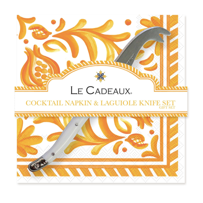 Le Cadeaux SICILY ORANGE COCKTAIL NAPKINS & MINI LAGUIOLE CHEESE KNIFE GIFT SET