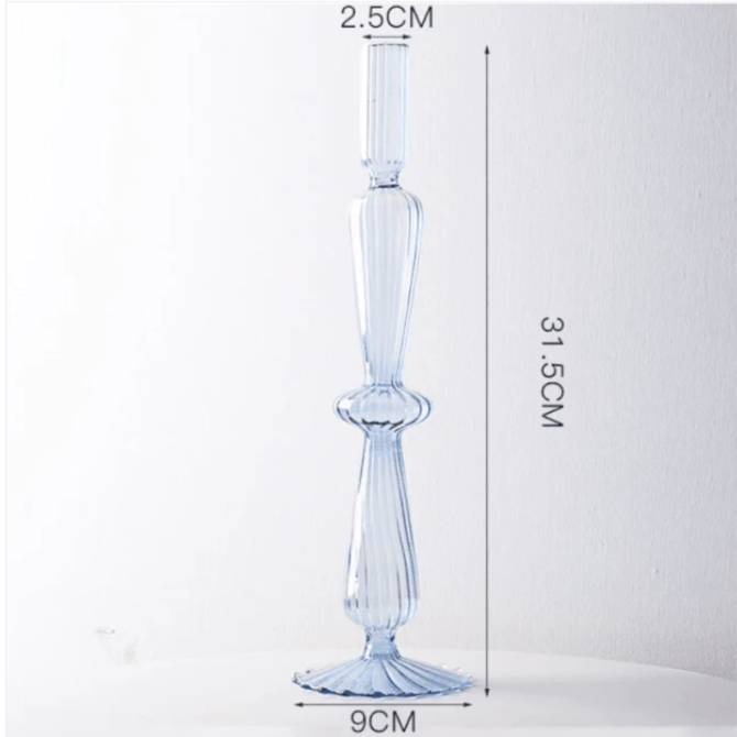 Ivore Lace Taper Glass Candlestick Holder: Blue