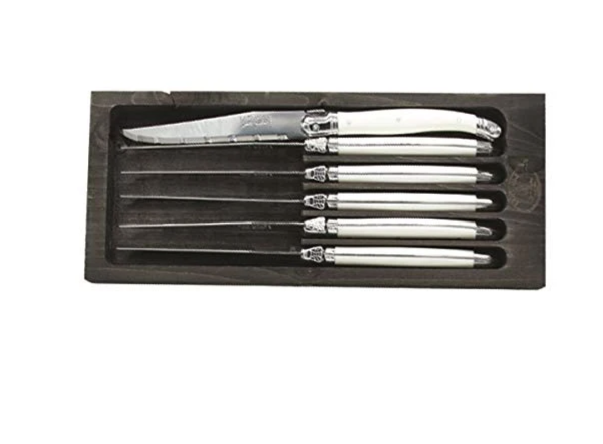 The French Farm 6 Knives White Handles Stained Open Black Box