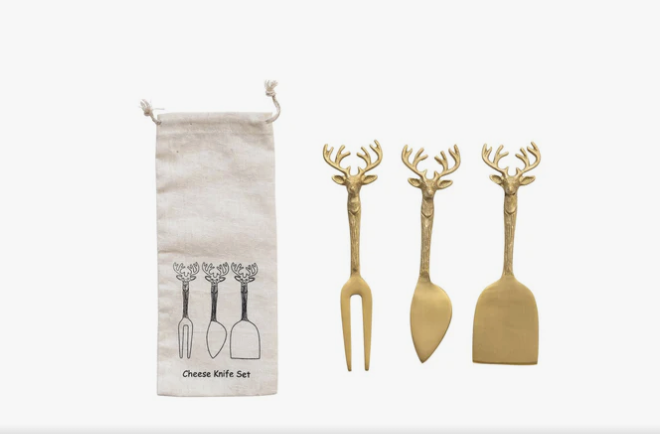 Creative CoOp Brass Cheese Knives w/Reindeer Handles - Set of 3