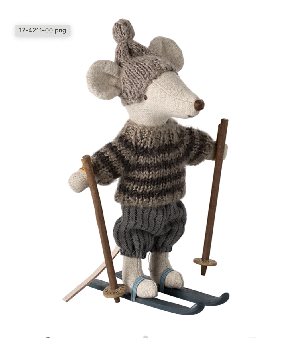 Maileg Winter Mouse with Ski Set, Big Brother - Grey