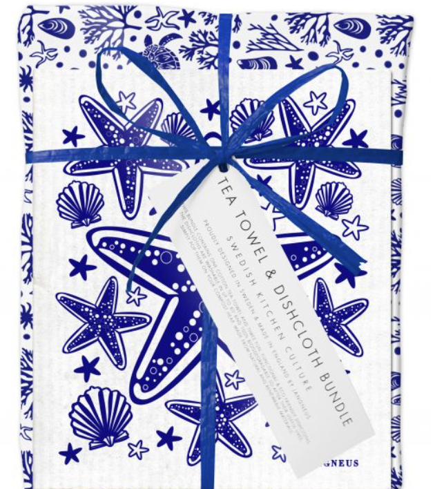 Jangneus Swedish Dishcloth & Tea Towel Bundle Starfish-Blue