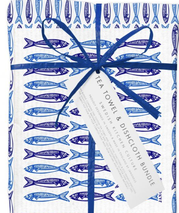 Jangneus Swedish Dishcloth & Tea Towel Bundle Sardines-Blue