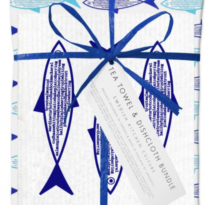 Jangneus Swedish Dishcloth & Tea Towel Bundle Fish Blue