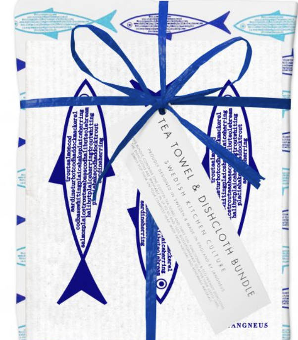 Jangneus Swedish Dishcloth & Tea Towel Bundle Fish Blue
