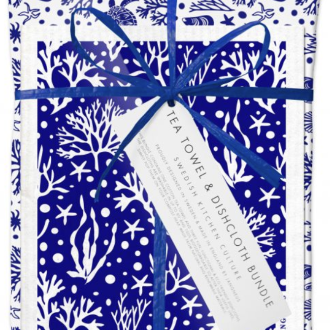 Jangneus Swedish Dishcloth & Tea Towel Bundle Coral-Blue
