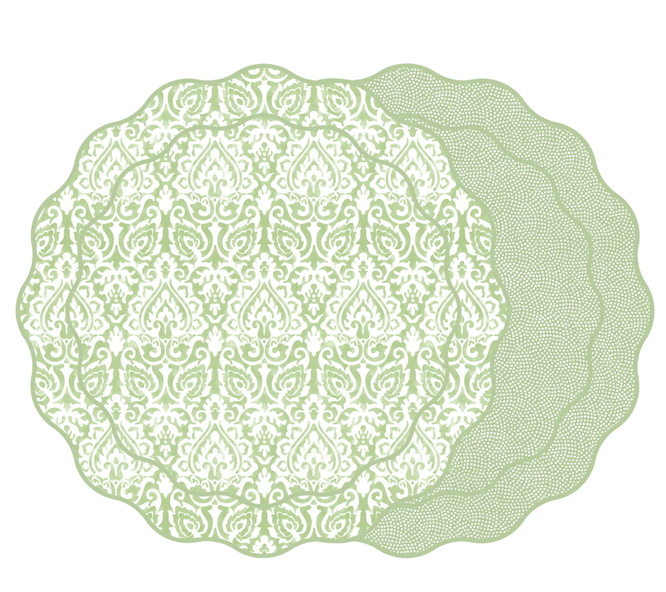 Holly Stuart Home Scallop Two Sided Placemat Damask Grass Green/Dot Fan