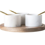 Creative CoOp Acacia Wood Board w/ 3 Marble Pinch Pots and Spoons