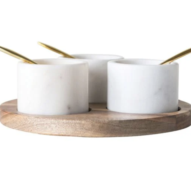 Creative CoOp Acacia Wood Board w/ 3 Marble Pinch Pots and Spoons