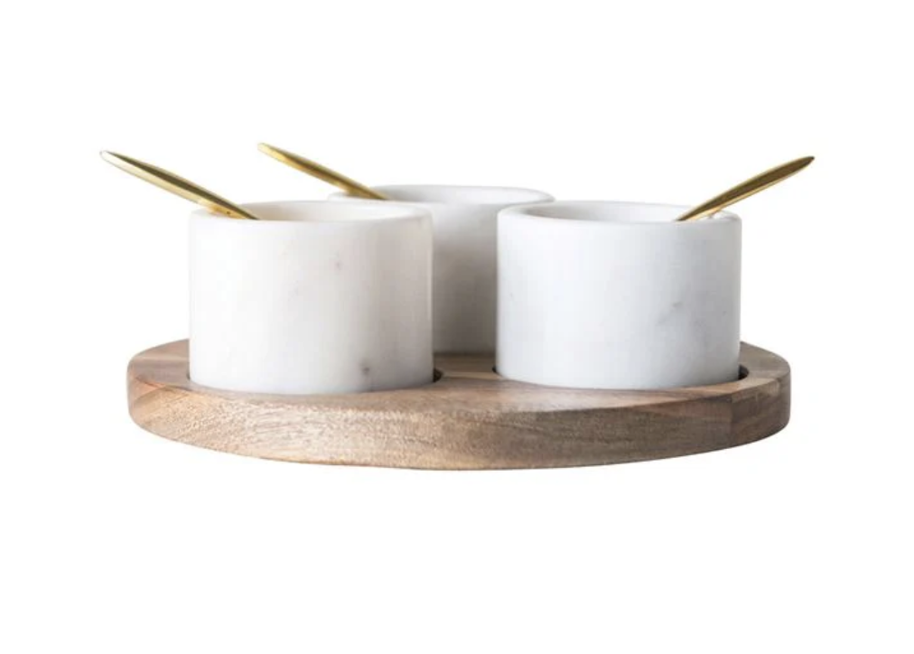 Creative Co-Op Acacia Wood Board w/ 3 Marble Pinch Pots and Spoons