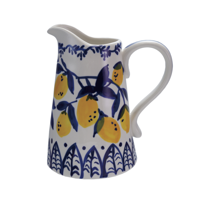 Creative Co-Op Stoneware Pitcher Hold w/ Hand-painted Lemon