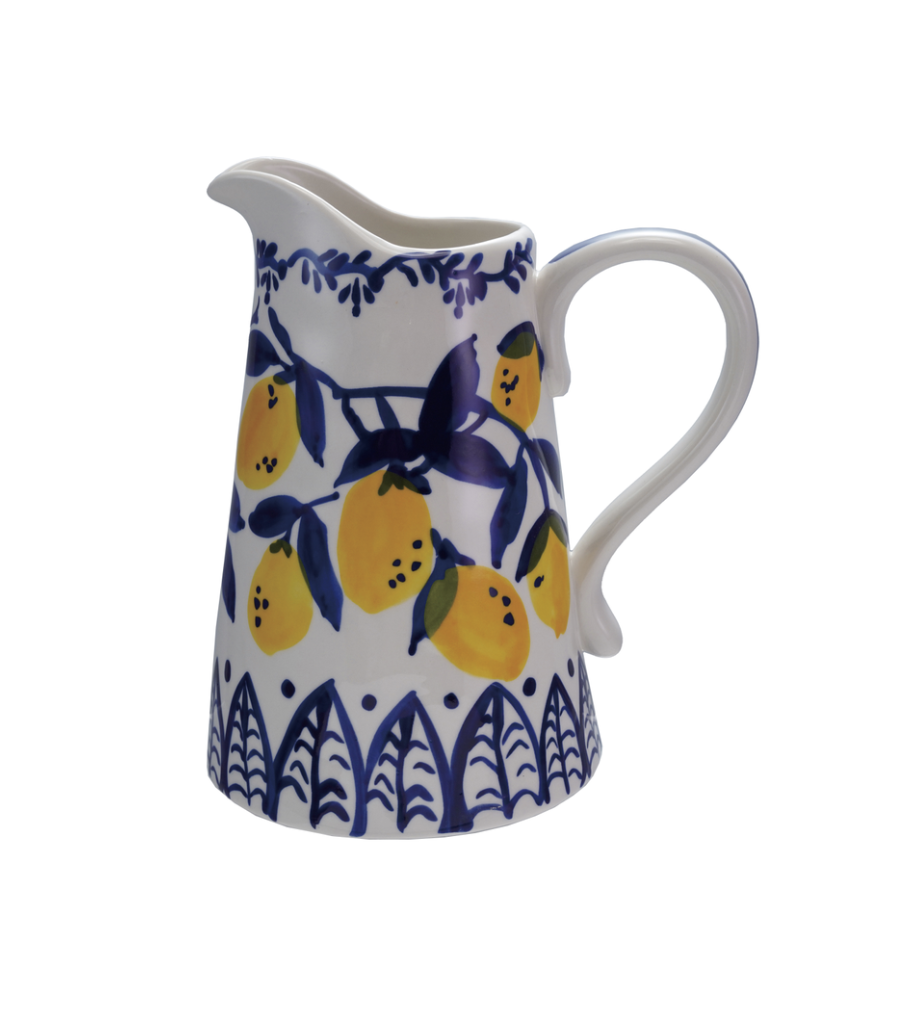 Creative Co-Op Stoneware Pitcher Hold w/ Hand-painted Lemon