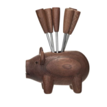 Creative CoOp Wood Pig w/ 6 Appetizer Forks