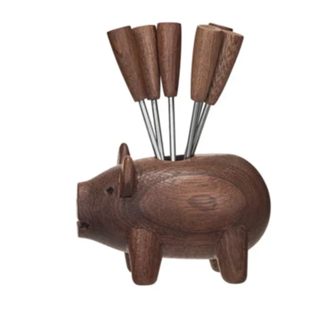 Creative CoOp Wood Pig w/ 6 Appetizer Forks