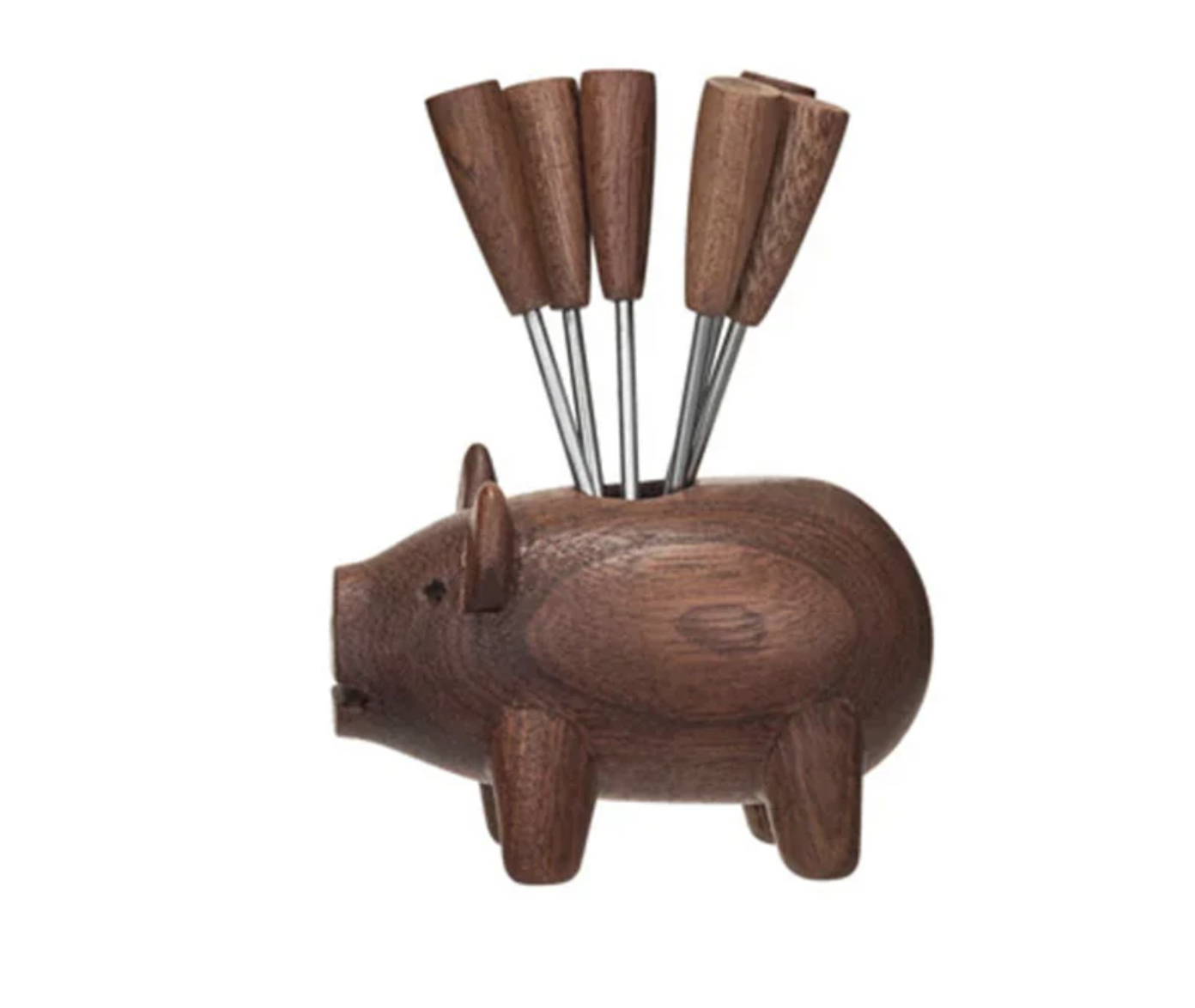 Creative Co-Op Wood Pig w/ 6 Appetizer Forks