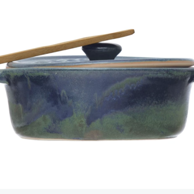 Creative CoOp Stoneware Brie Baker w/ Spreader, Blue