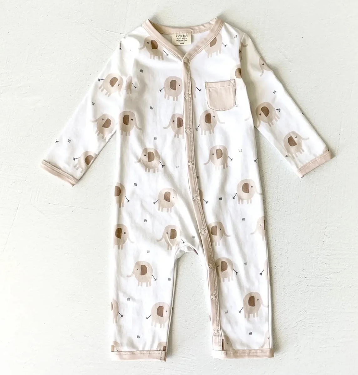Viverano Elephant Pocket & Button Baby Jumpsuit Natural 3-6 mos.