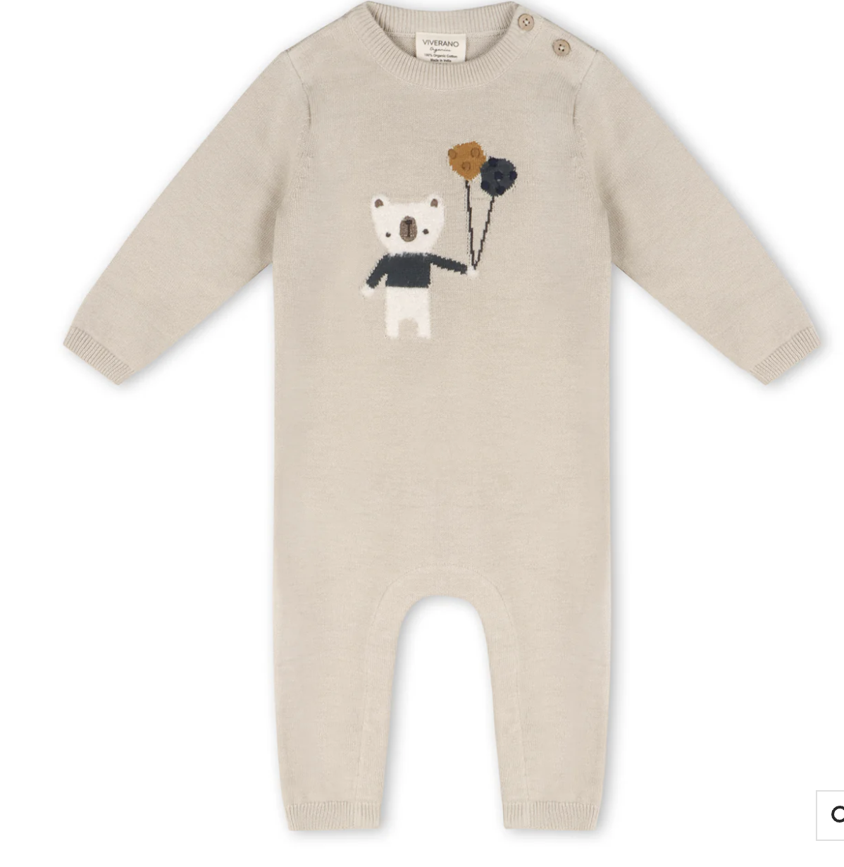 Viverano Balloon Bear Jacquard Baby Sweater Knit Jumpsuit 0-3 mos. Stone