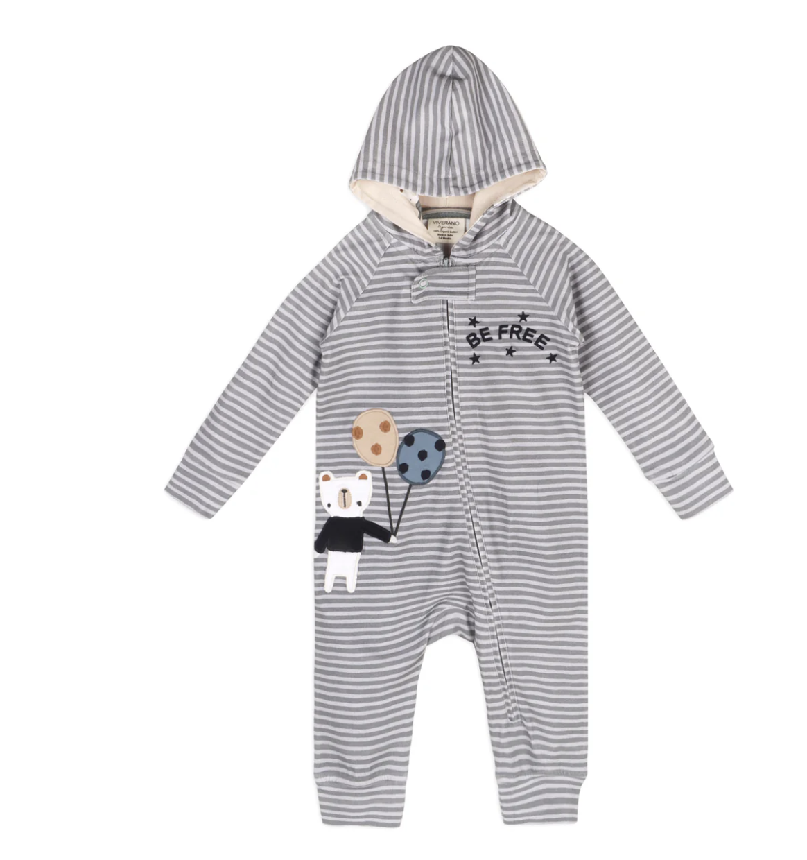 Viverano Balloon Bear Baby Hooded Jumpsuit Grey Stripe 3-6 mos.