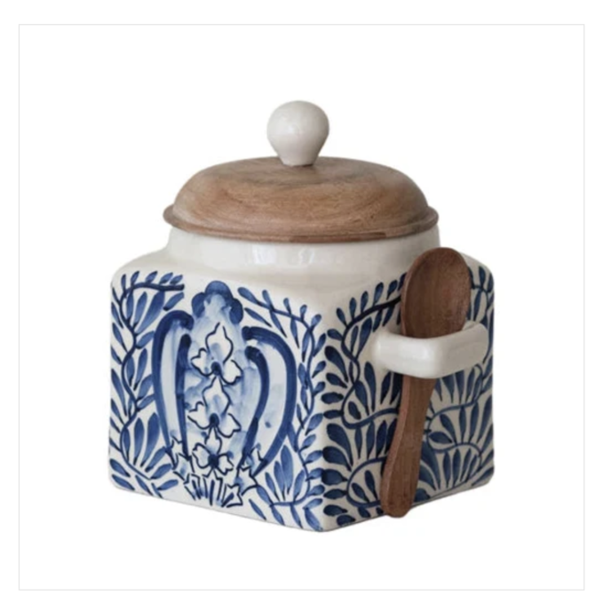 Creative CoOp Hand-Painted Stoneware Canister w/ Lid & Spoon
