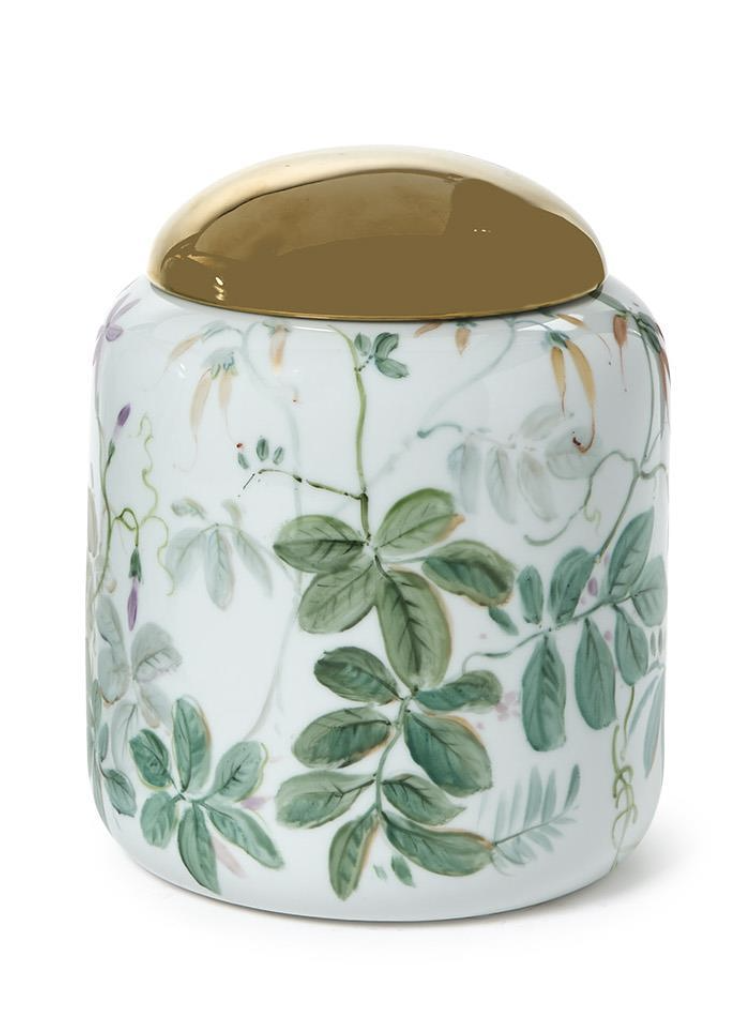 Two's Company 10 IN Floral Round Jar w Gold Lid
