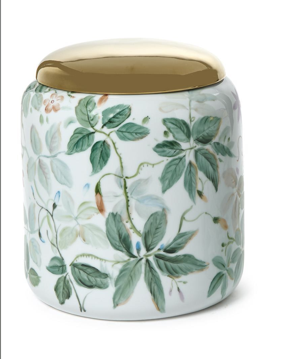Two's Company 12 IN  Floral Round Jar w Gold Lid