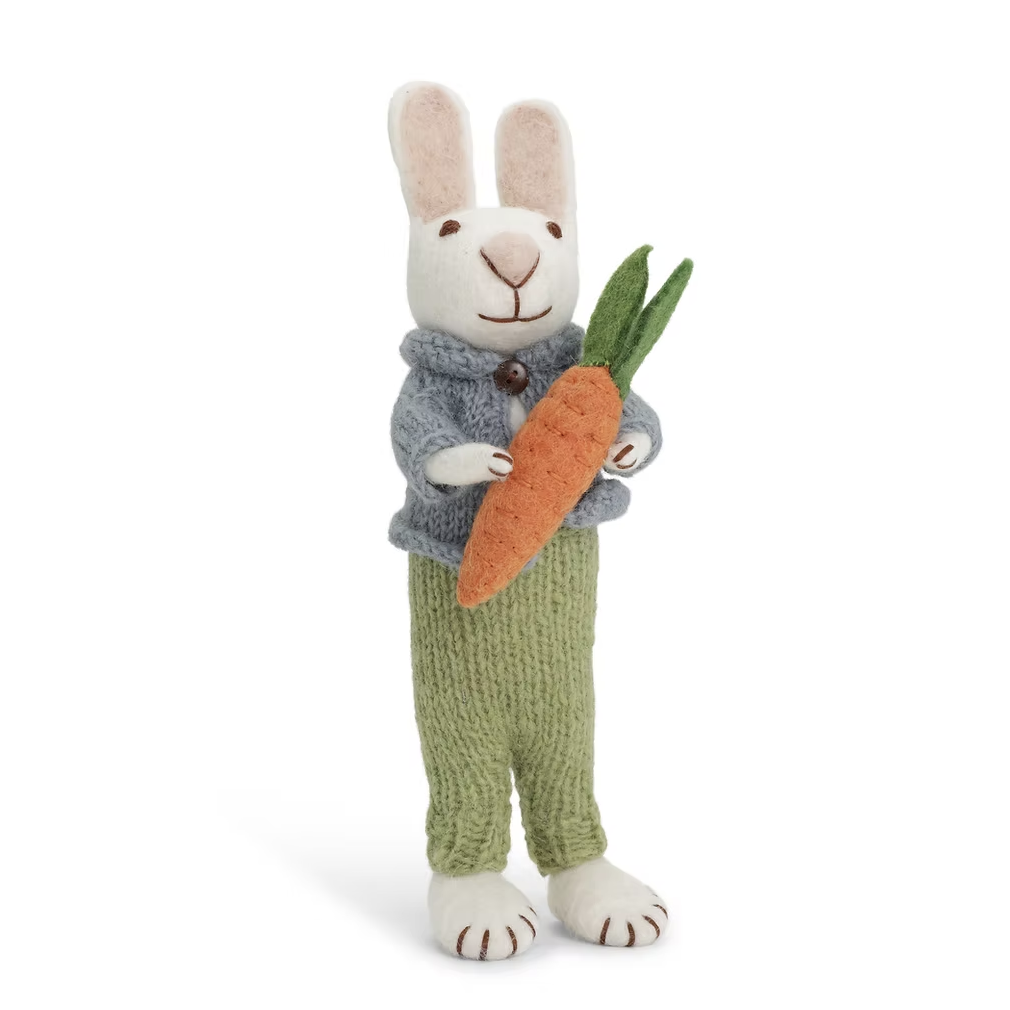 Gry & Sif Big Felt Bunny with Blue Jacket, Green Pants and Carrot