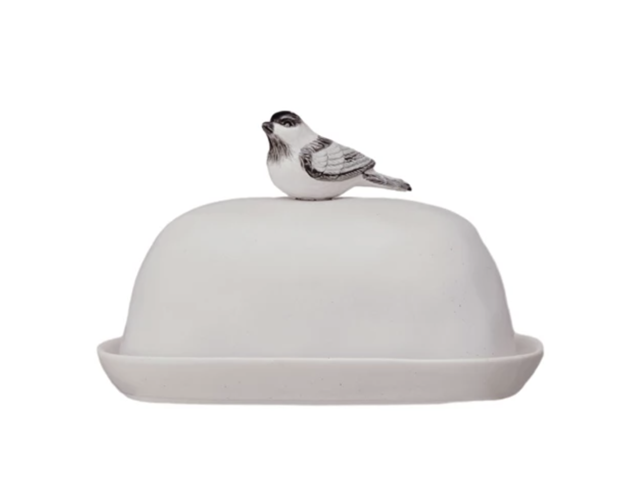 Creative Co-Op 7 x 4 Stoneware Butter Dish Perched Bird