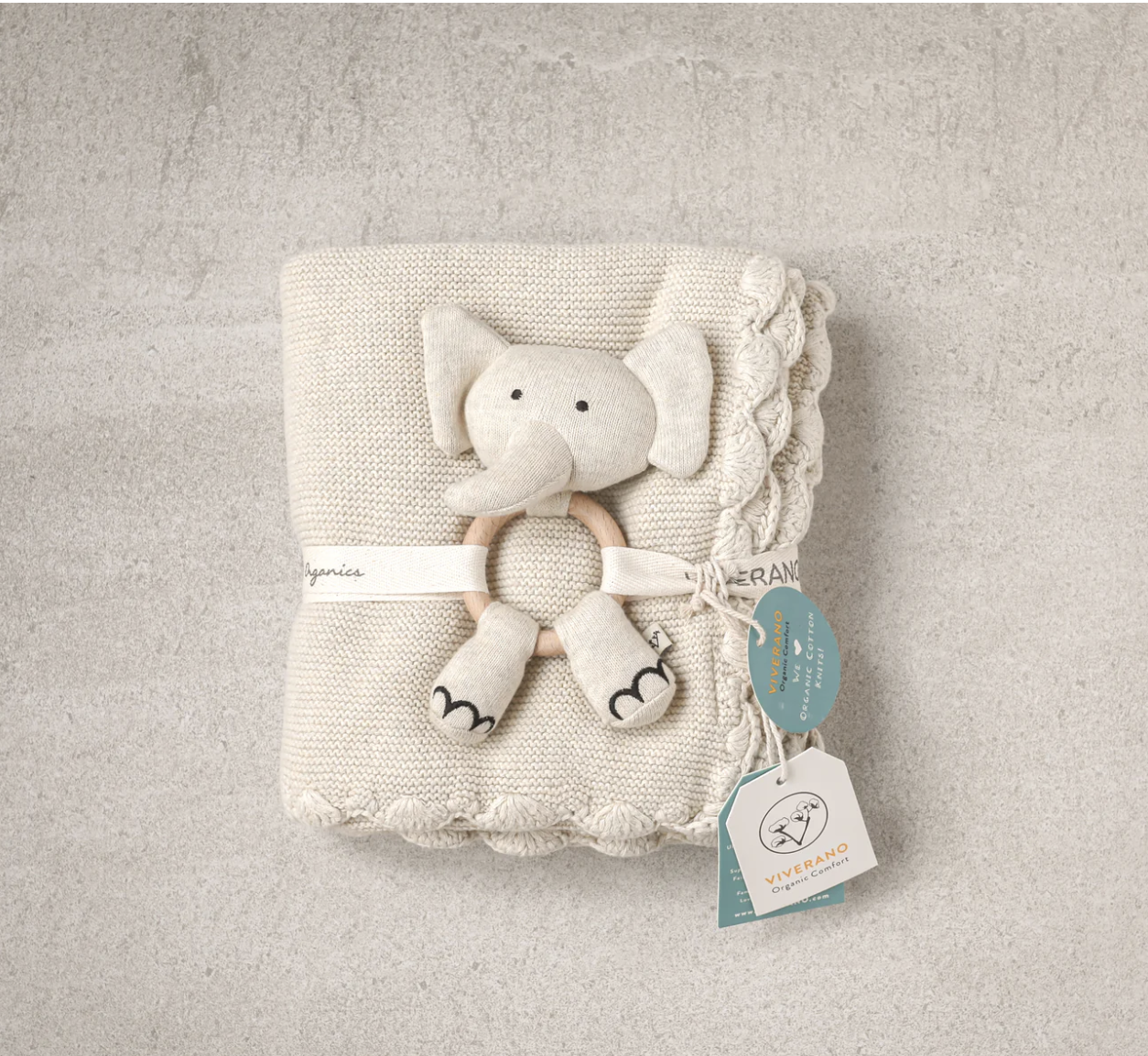 Viverano Moss Knit Baby Blanket + Bunny Rattle Gift Set (Organic)