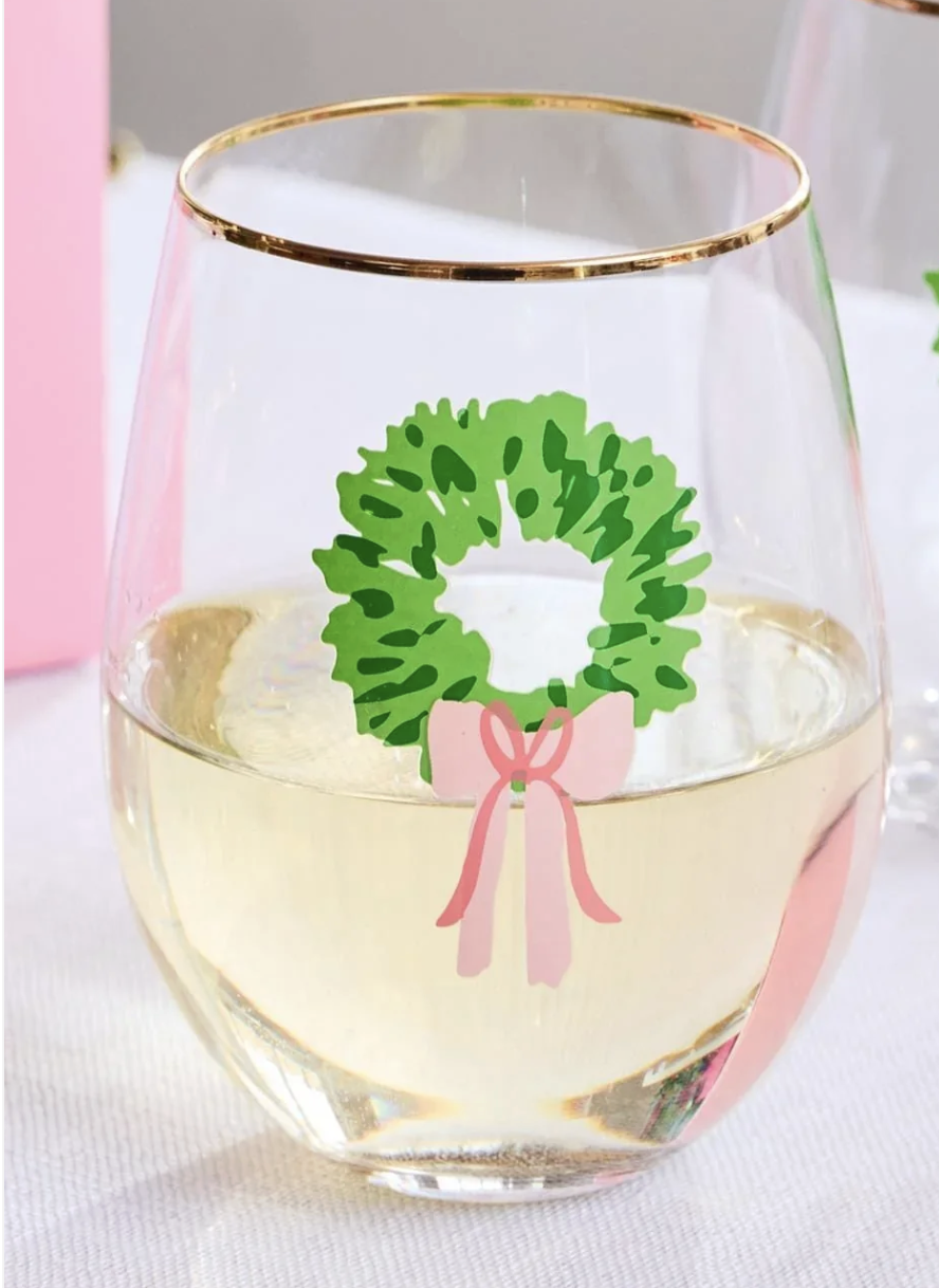 Mary Square Rosy Wreaths Stemless Wine Glass