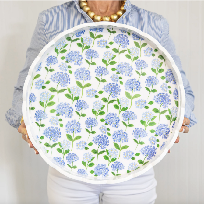 WH Hostess WH Lacquer 16" Round Scallop Lacquer Tray| Blue Hydrangeas
