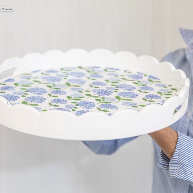 WH Hostess WH Lacquer 16" Round Scallop Lacquer Tray| Blue Hydrangeas