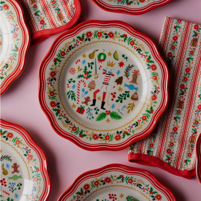 Rifle Paper Co. Holly Jolly Nutcracker Melamine Assorted Dessert Plates Set of 4