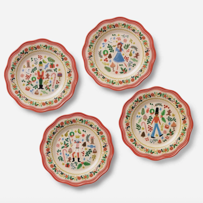 Rifle Paper Co. Holly Jolly Nutcracker Melamine Assorted Dessert Plates Set of 4