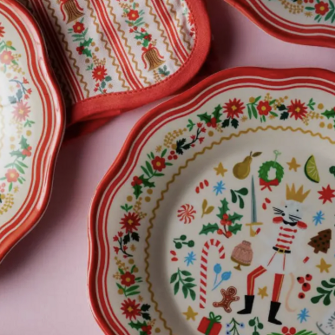 Rifle Paper Co. Holly Jolly Nutcracker Melamine Assorted Dessert Plates Set of 4